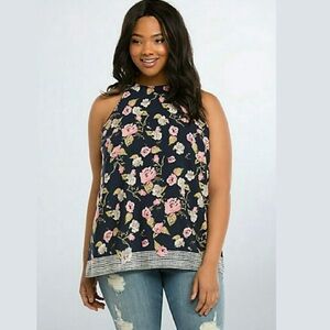 NWT Torrid Navy Floral Border Print Tank Top High Neck Zip  1 1x 14 16